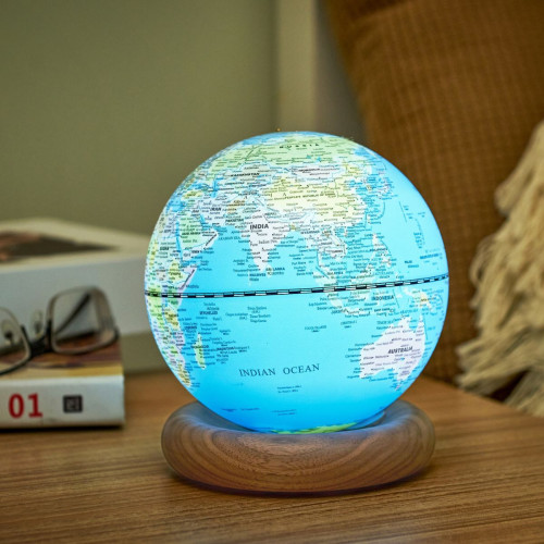 rechargable atlas globe lamp with a white ash base and a 6 hour battery life