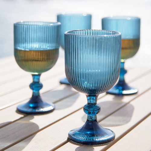 Riviera Blue Ribbed Red Wine Glass in a Set Of 4

