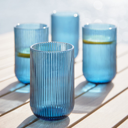 Riviera Blue Ribbed Long Drink in a Set Of 4

