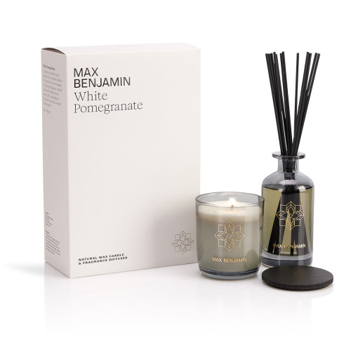 Irish-made luxury pomegranate, rosebud, cassis, and vanilla gift set, 210g candle and 150ml reed diffusers. 