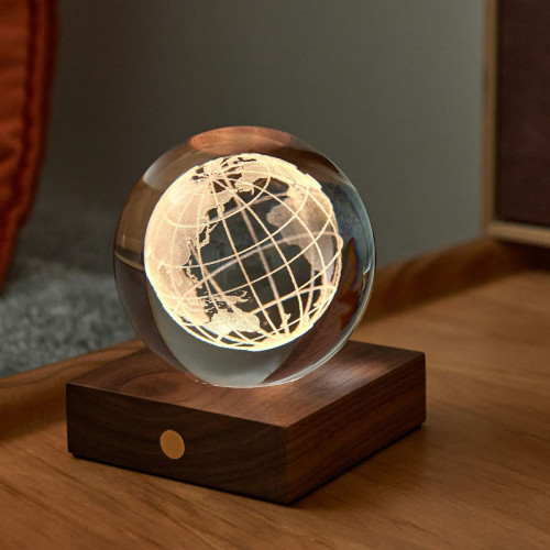 world globe night lamp made from FSC-certified walnut wood base with premium non-fragile 3D laser-printed crystal design.