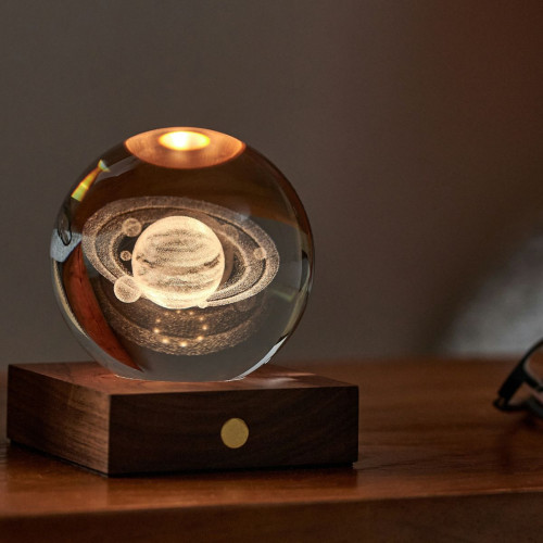 saturn night lamp made from FSC-certified walnut wood base with premium non-fragile 3D laser-printed crystal design.