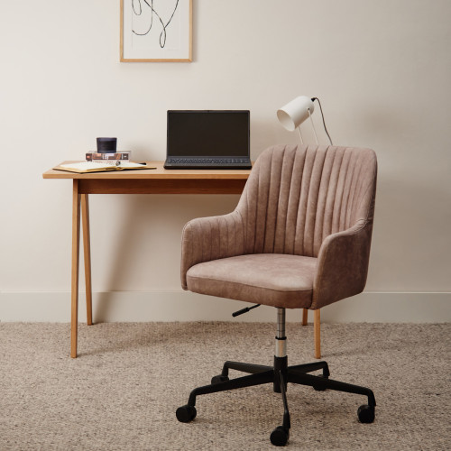 brown office chair with wheels made from foam fabric and iron legs with a chrome finish