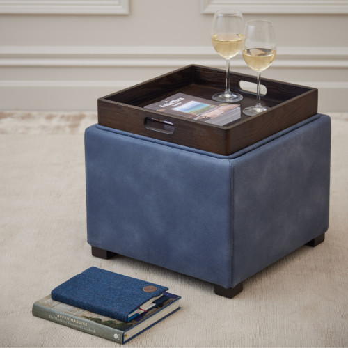 blue storage ottoman, square with built in hidden tray. 