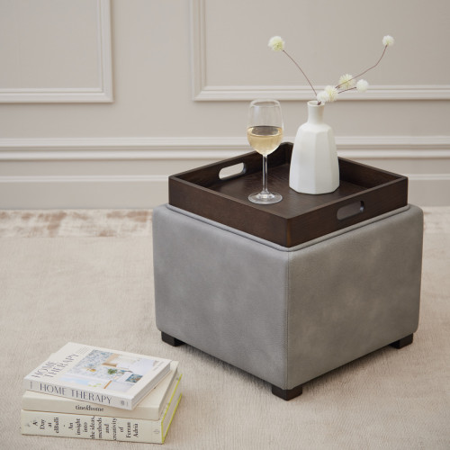 grey storage ottoman, square with built in hidden tray. 