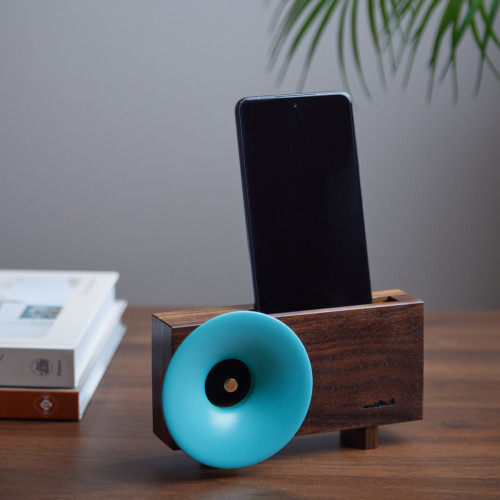 sky blue wooden amplifier for smartphones. made form american hardwood with a sky blue  