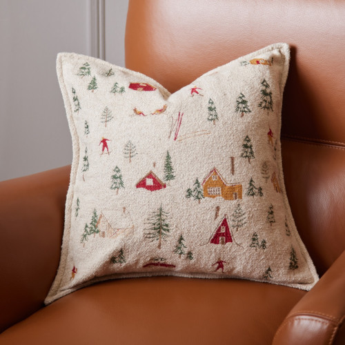 Embroidered Ski Scene Boucle Cushion 
