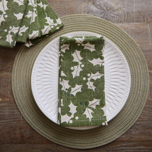 Green Holly Print Cotton Napkin - Set of 6