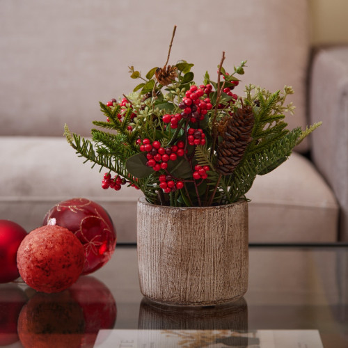 Pine W/Berry In Cement Pot