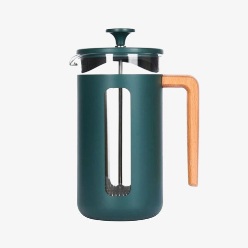 Close-up shot of a green cafetiere on a grey background.